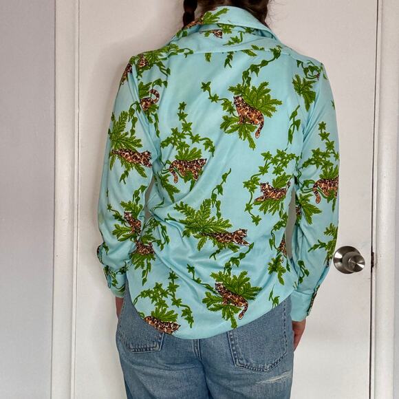 Vintage 1970s Cheetah Jungle Leopard Print Button Up Blouse Long Sleeve AS IS - Picture 6 of 12